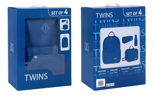 Twins Back To School Set 4 Pcs Backpack + Lunch bag + Pencil Case + Stainless Steel Water Bottle Blue || مجموعة العودة للمدرسة 4 قطع جنطة ظهر و جنطة اكل و مقلمه و مطارة ماء ستيل ازرق