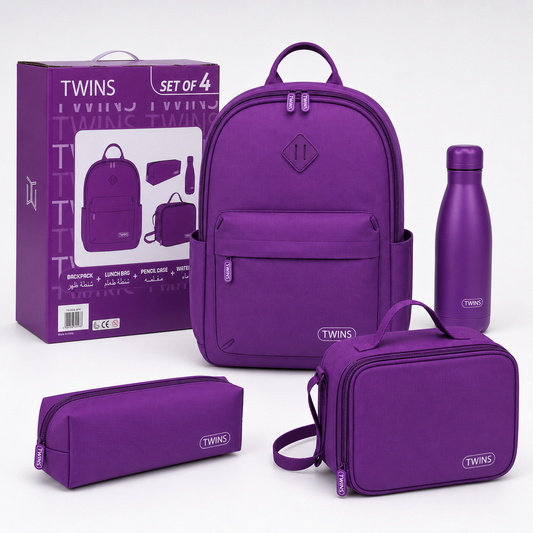 Twins Back To School Set 4 Pcs Backpack + Lunch bag + Pencil Case + Stainless Steel Water Bottle Purple || مجموعة العودة للمدرسة 4 قطع جنطة ظهر و جنطة اكل و مقلمه و مطارة ماء ستيل بنفسجي