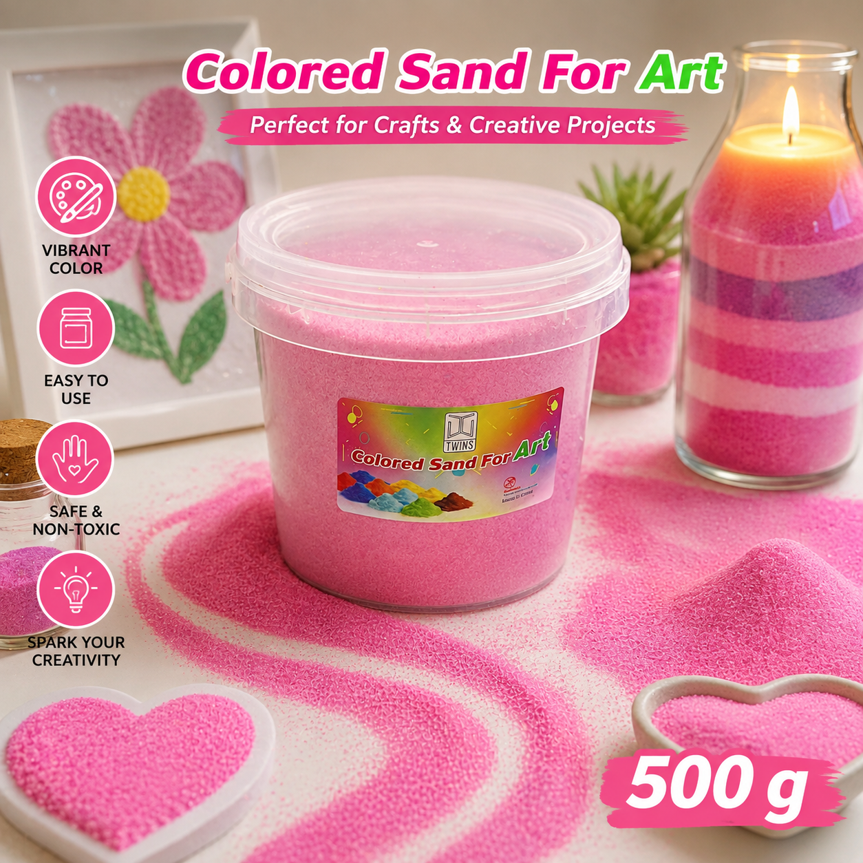 Twins Colored Sand 500g Pink || رمل ملون توينز 500 جرام وردي