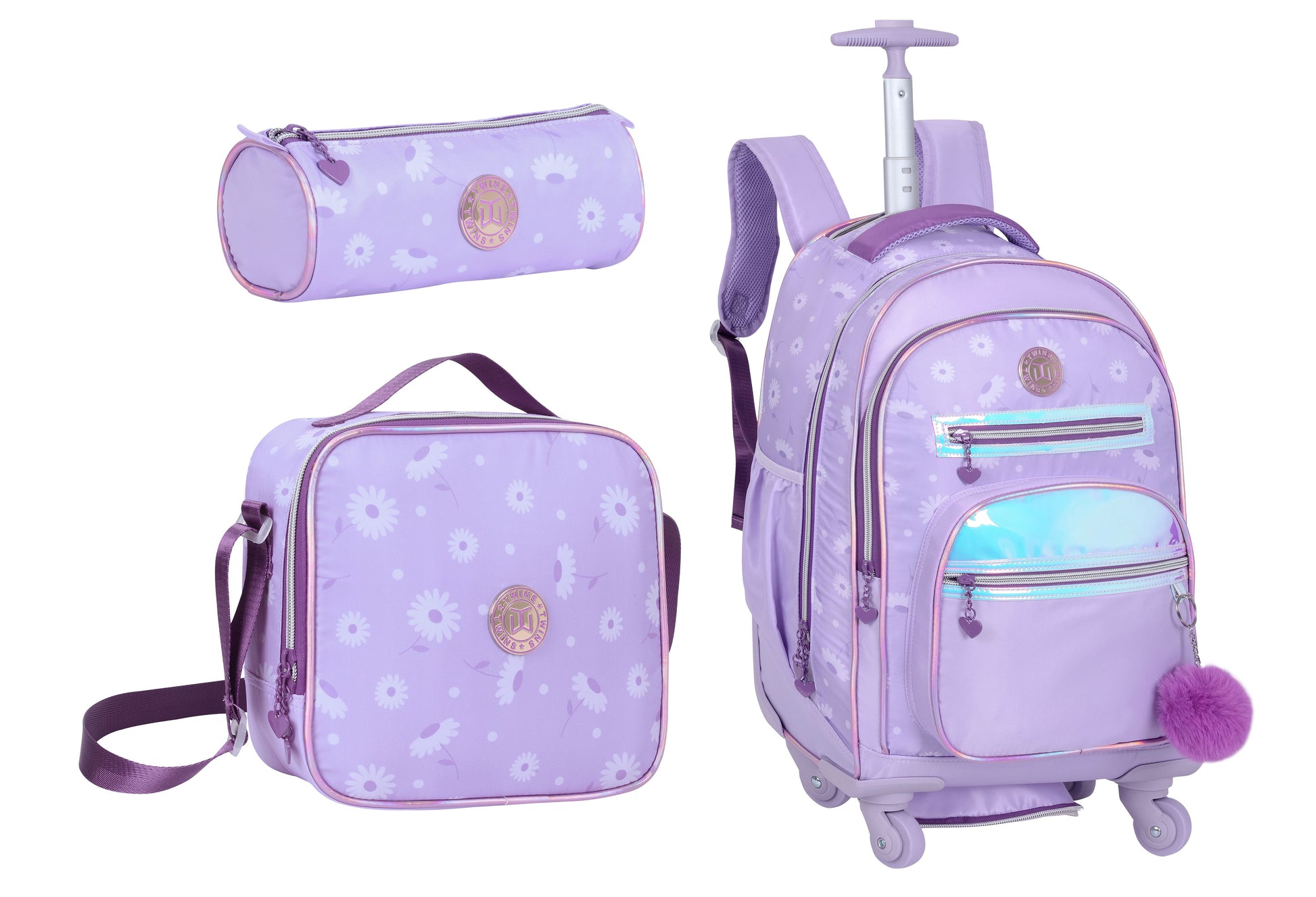 TROLLEY BAG+LUNCH BAG+PENCIL CASE PURPLE TWINS || شنطة ترولي 4 تواير مشجر 3 قطع TWINS