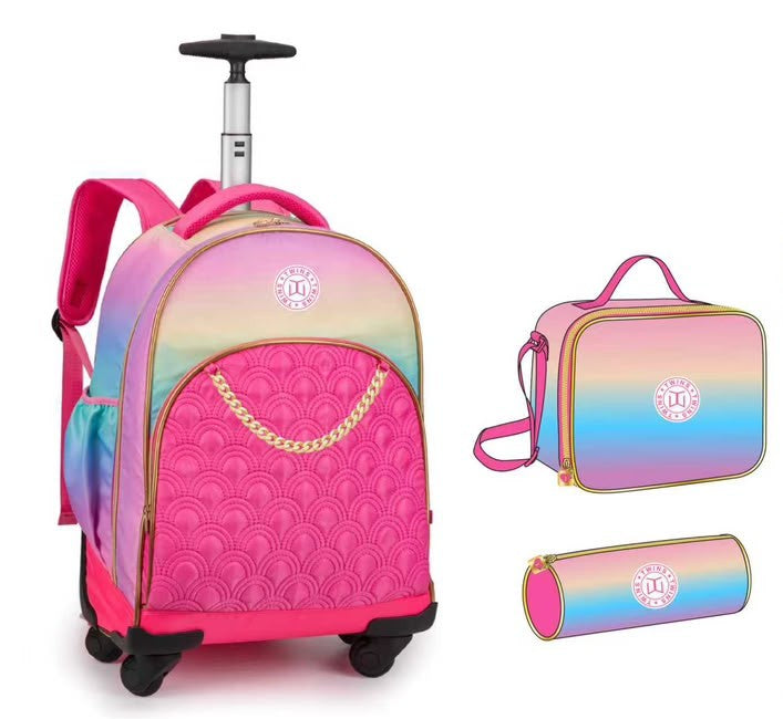 Twins Back To School Set 3 Pcs Trolley Backpack + Lunch bag + Pencil Pouch Pink || مجموعة العودة للمدرسة 3 قطع جنطة سحب 4 تواير و جنطة اكل و مقلمة وردي