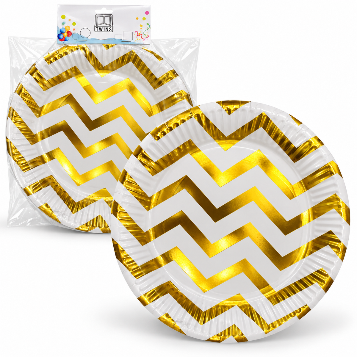 TWINS Gold Chevron Party Plates – Large || أطباق حفلات بخطوط ذهبية متعرجة – كبير