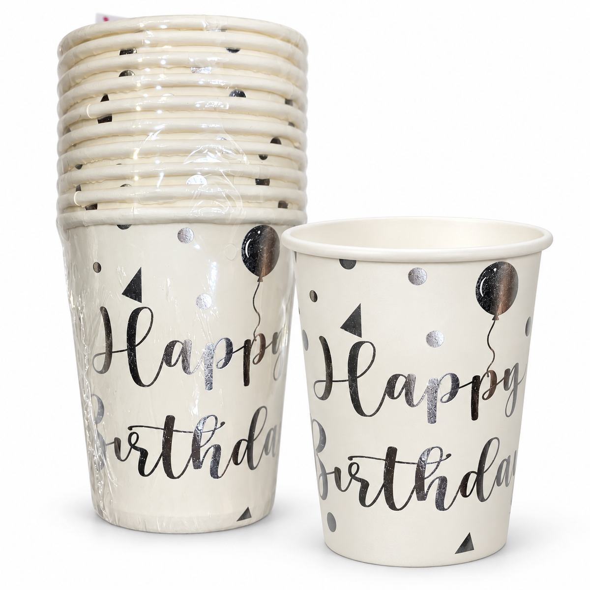 Happy Birthday Silver Paper Party Cups || أكواب ورقية للحفلات هابي بيرثداي فضي