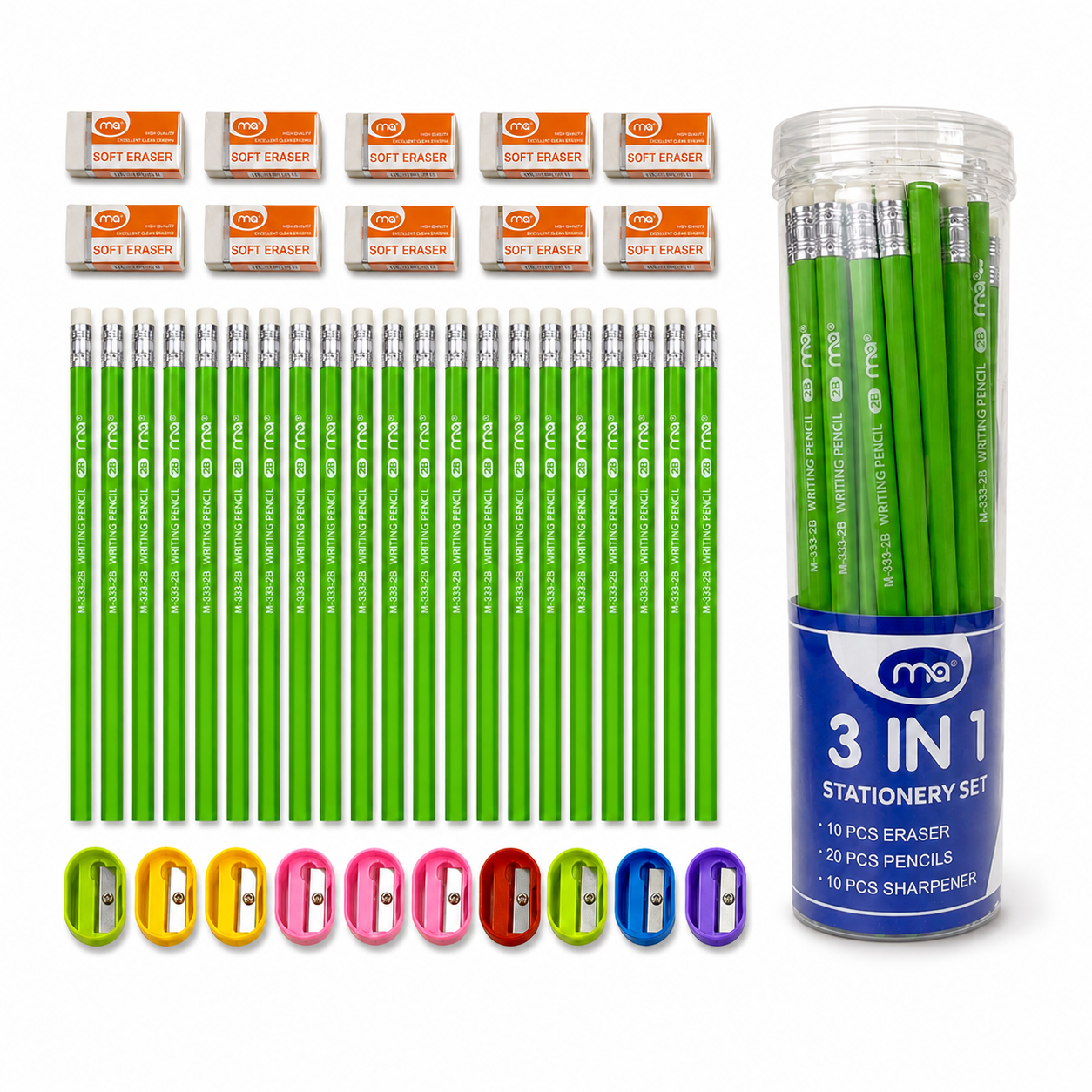 A&T Stationery Package 3 in 1 Pencils + Sharpeners + Erasers 40 Pcs #3  || مجموعة قرطاسية أطلس 3 في 1  اقلام رصاص و برايات و محايات 40 قطعة #3