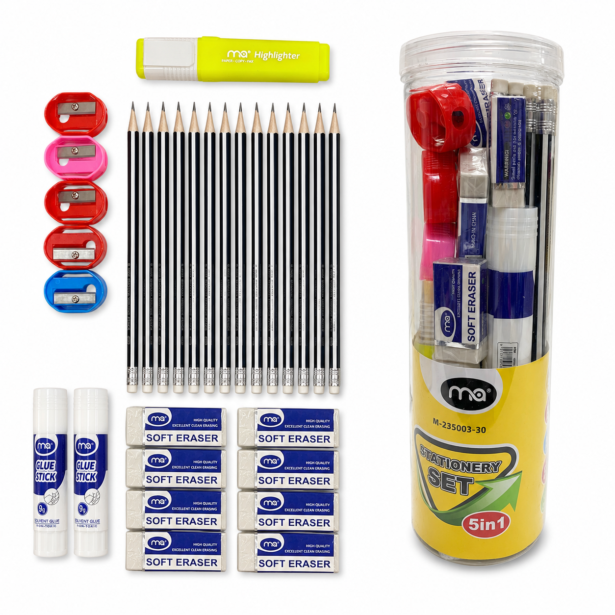 A&T Stationery Package 3 in 1 Pencils + Sharpeners + Erasers 30 Pcs #3  || مجموعة قرطاسية أطلس 3 في 1  اقلام رصاص و برايات و محايات 30 قطعة #3