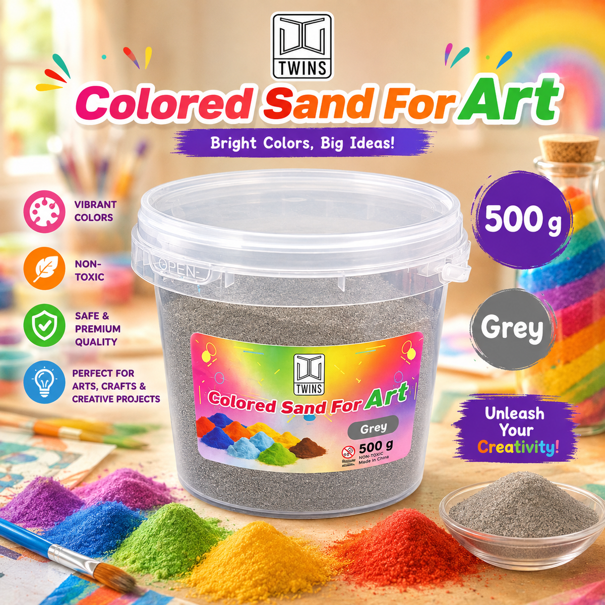 Twins Colored Sand 500g Grey || رمل ملون توينز 500 جرام رمادي
