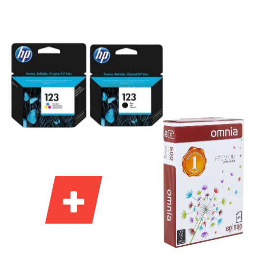 Hp 123 printer ink Set black + color + A4 Paper || حبر طابعه ١٢٣ اسود و ملون و ورق تصوير