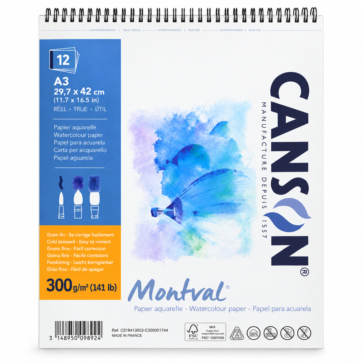 Canson Montval Watercolor Pad A3 300gsm Cold Pressed Natural White - 12 Sheets || بلوك كانسون مونتفال للألوان المائية A3 وزن 300 جم مضغوط بارد أبيض طبيعي - 12 ورقة