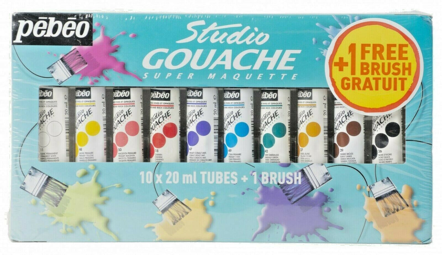 Pebeo Studio Gouache Paint Set 10 x 20ml || الوان قواش بيبيو 10 الوان + فرشاه