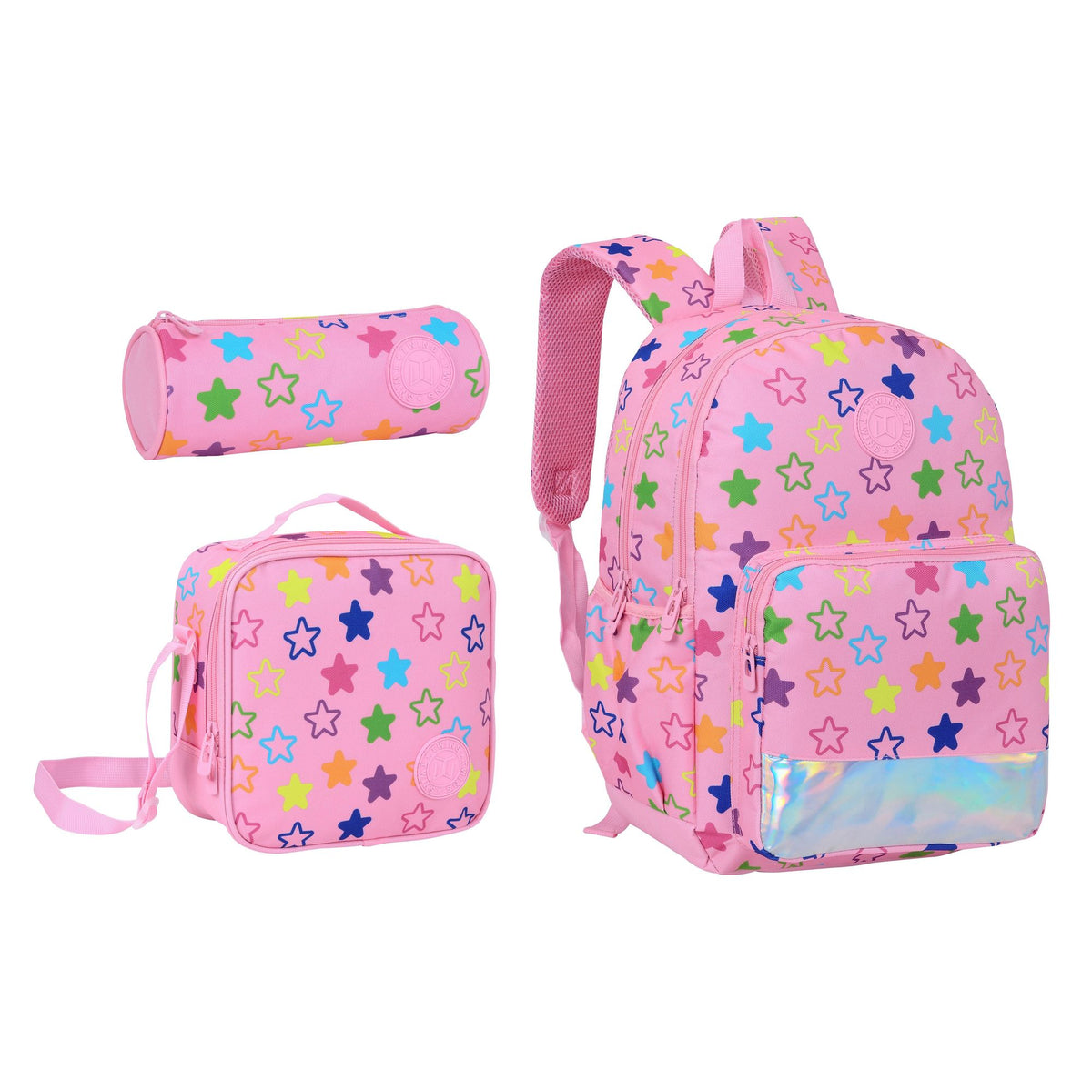 17INCH BACKPACK+LUNCH BAG+PENCIL CASE STARS PINK TWINS || شنطة ظهر طبي 17 انش نجوم 3 قطع TWINS