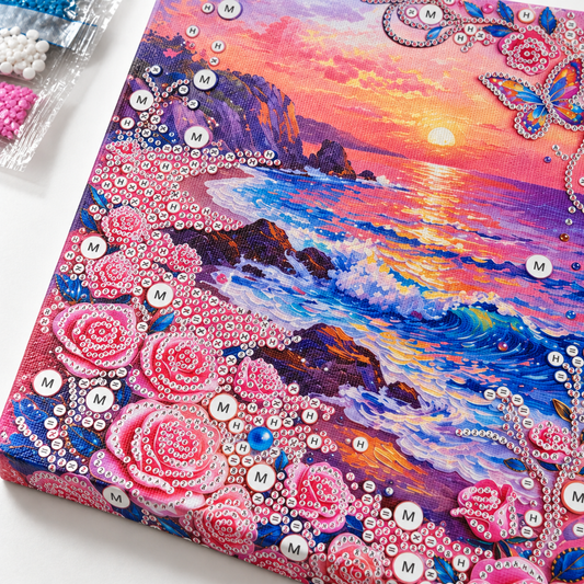 DIY Rhinestone Canvas Activity 30 x 40 cm - Rose Coast Sunset || تزيين كانفاس بالكريستال 30 × 40 سم - غروب ساحلي مع ورود