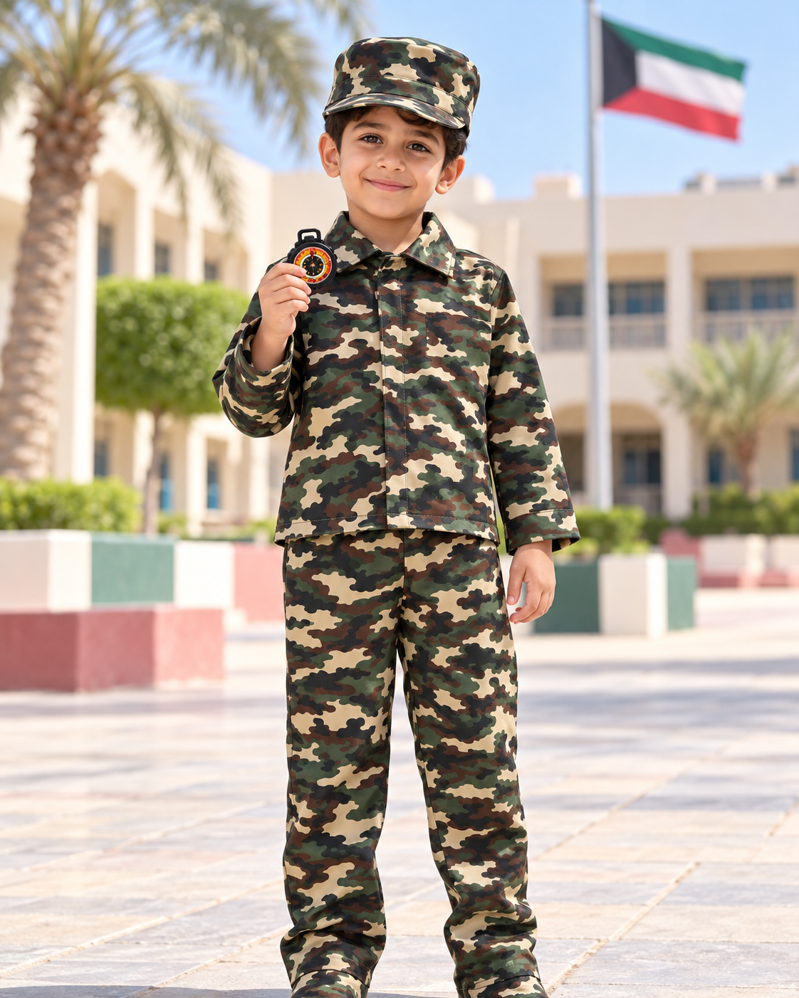 Camouflage Soldier Costume Set with Cap and Toy Accessories – Size L (120–130 cm) || طقم زي جندي مموه مع قبعة وإكسسوارات لعب – مقاس L (120–130 سم)