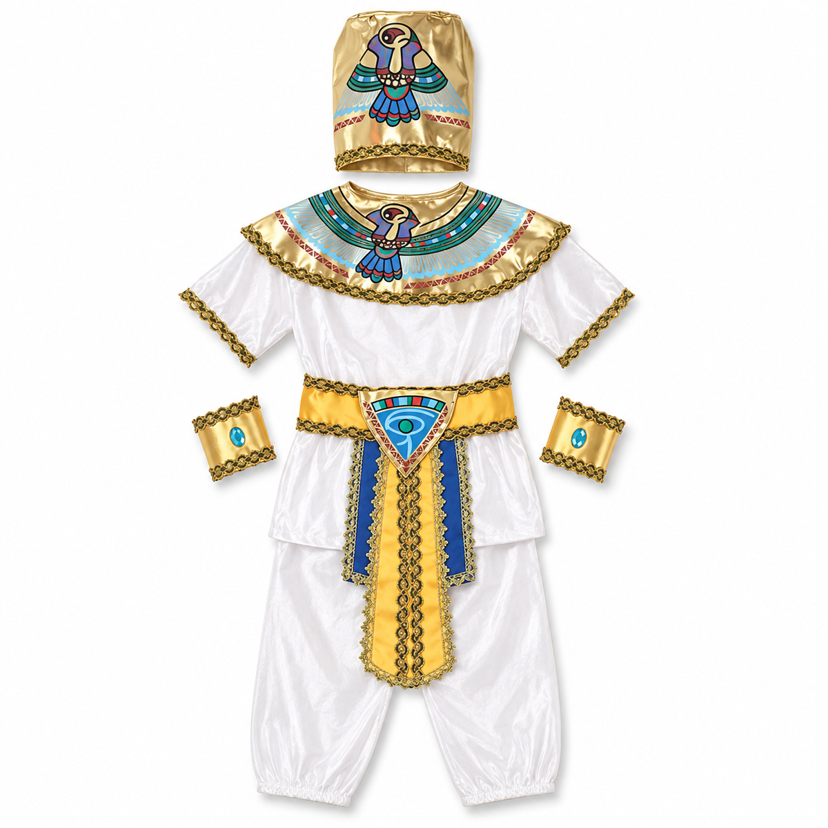 White and Gold Pharaoh Costume Set – Size L (120–130 cm) || طقم زي فرعون بالأبيض والذهبي – مقاس L (120–130 سم)