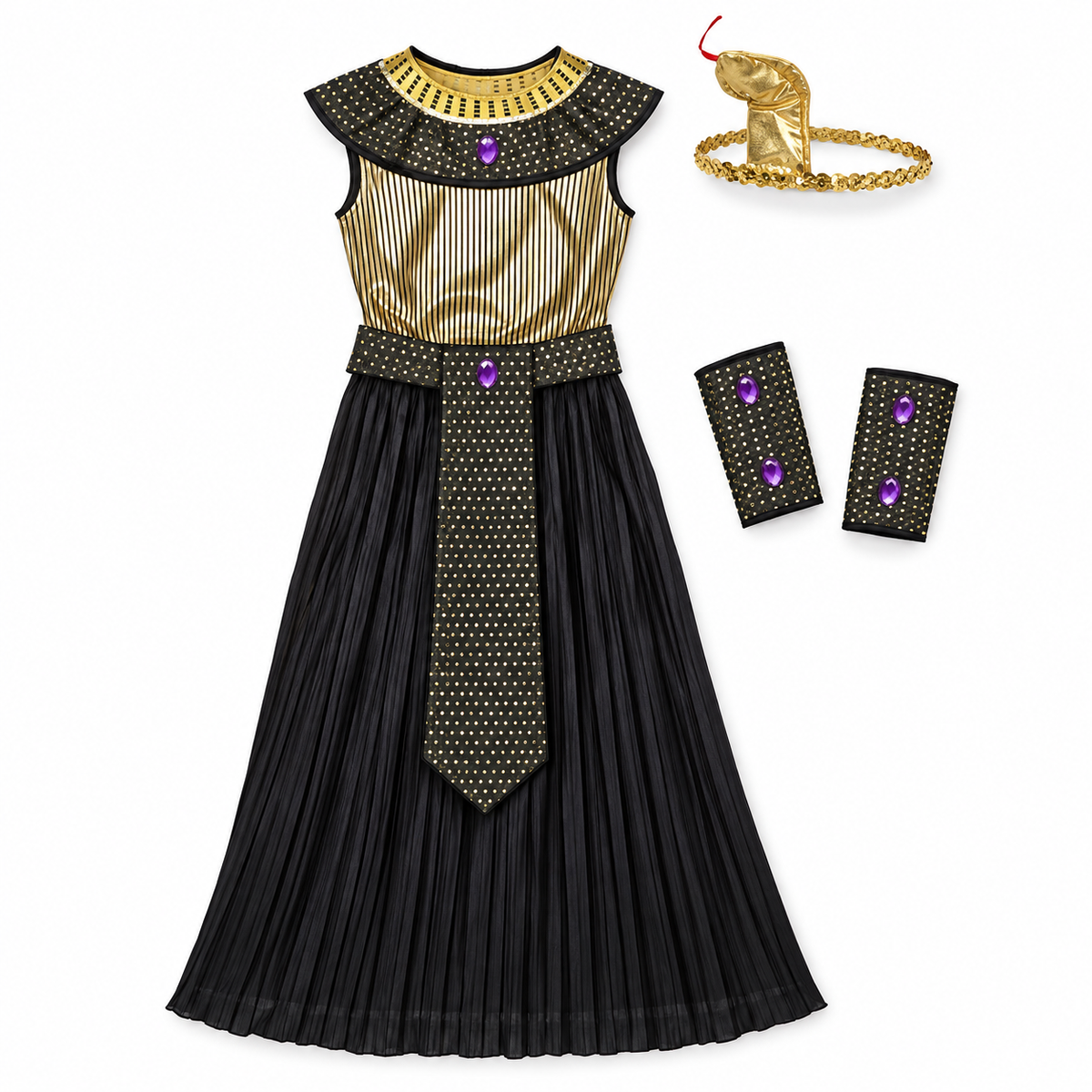 Black and Gold Egyptian-Style Costume Dress – Size L (120–130 cm) || فستان تنكري مصري الطابع بالأسود والذهبي – مقاس L (120–130 سم)