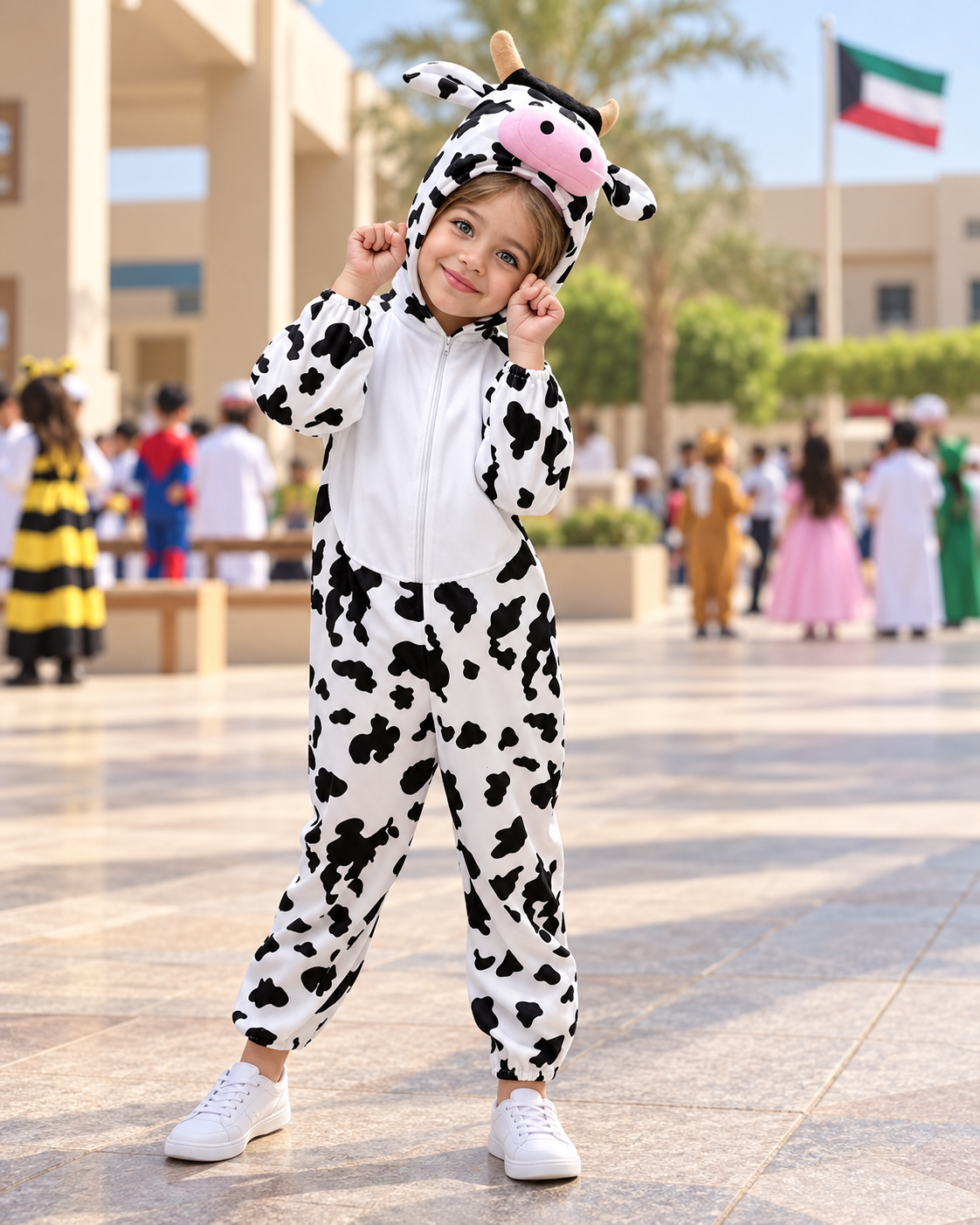 Black and White Dairy Cow Hooded Costume – Size L (120–130 cm) || زي بقرة بالأبيض والأسود بغطاء رأس – مقاس L (120–130 سم)