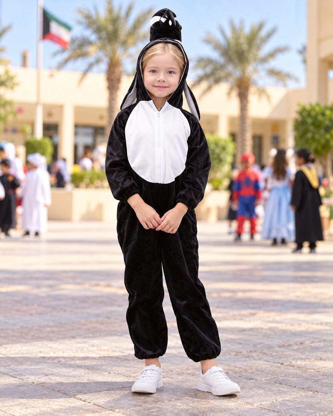 Black and White Penguin Hooded Costume – Size L (120–130 cm) || زي بطريق بالأبيض والأسود بغطاء رأس – مقاس L (120–130 سم)