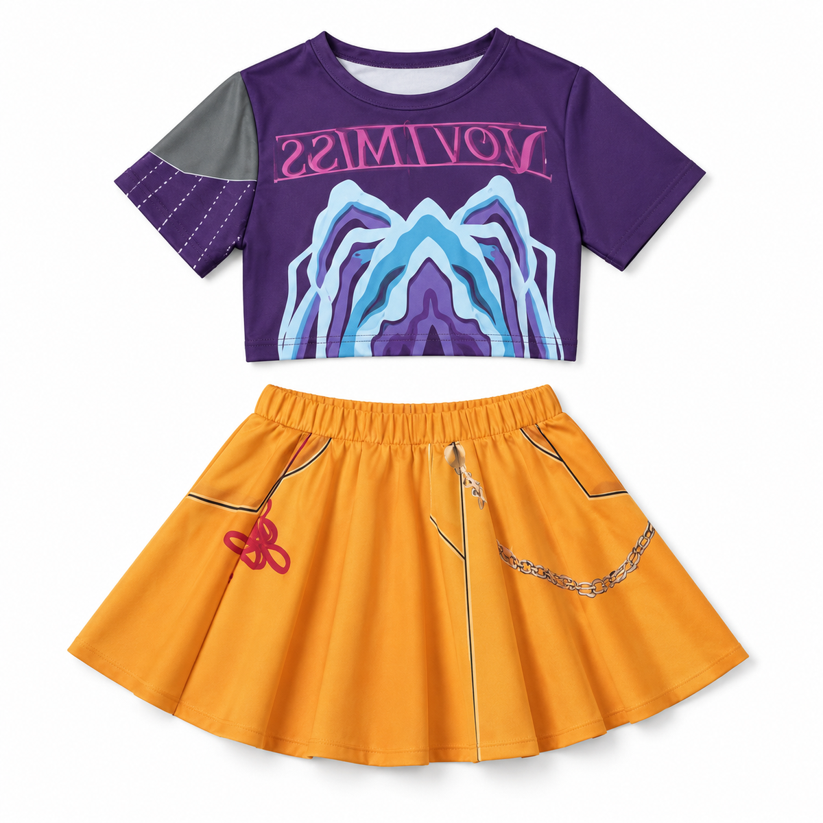 Purple Graphic Top and Yellow Skirt Stage Costume – Size L (130–140 cm) || زي استعراضي بقميص بنفسجي وتنورة صفراء – مقاس L (130–140 سم)