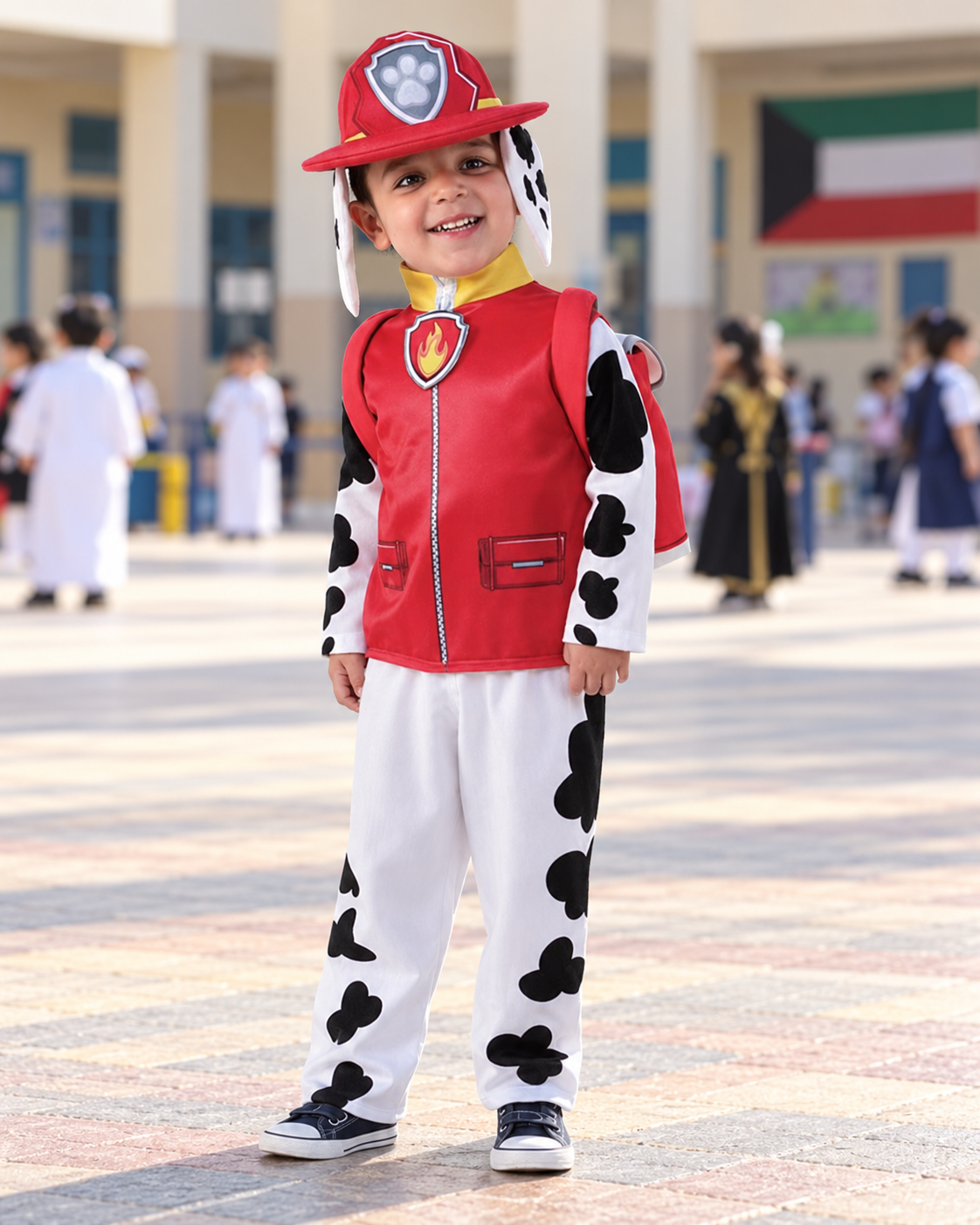 Firefighter Puppy Costume with Hat and Backpack – Size L (120–130 cm) || زي جرو الإطفاء مع قبعة وحقيبة ظهر – مقاس L (120–130 سم)