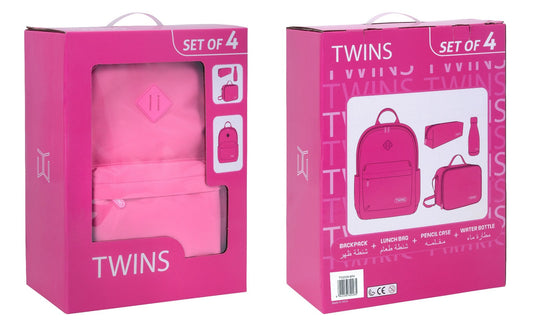 Twins Back To School Set 4 Pcs Backpack + Lunch bag + Pencil Case + Stainless Steel Water Bottle Pink || مجموعة العودة للمدرسة 4 قطع جنطة ظهر و جنطة اكل و مقلمه و مطارة ماء ستيل وردي