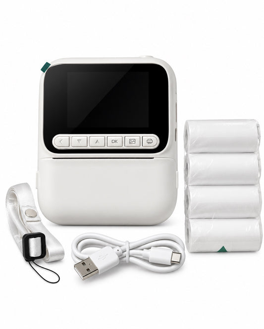 Colored Picture Camera White with matching strap, USB cable and paper rolls