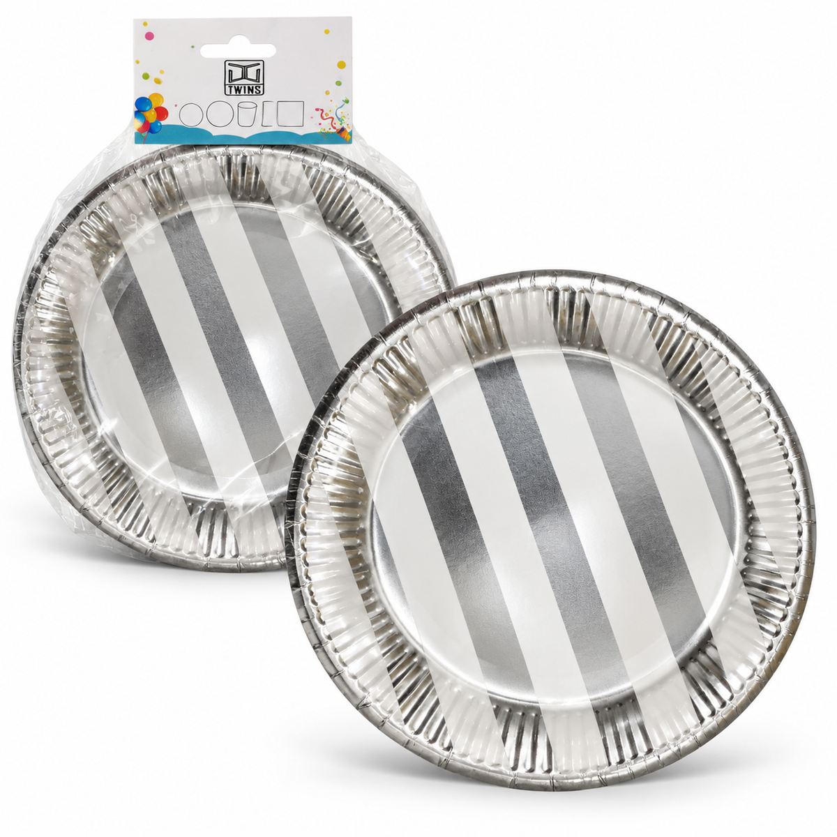 TWINS Silver Stripe Party Plates – Small || أطباق حفلات بخطوط فضية – صغير