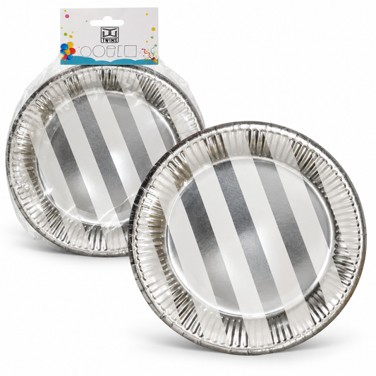 TWINS Silver Stripe Party Plates – Large || أطباق حفلات بخطوط فضية – كبير