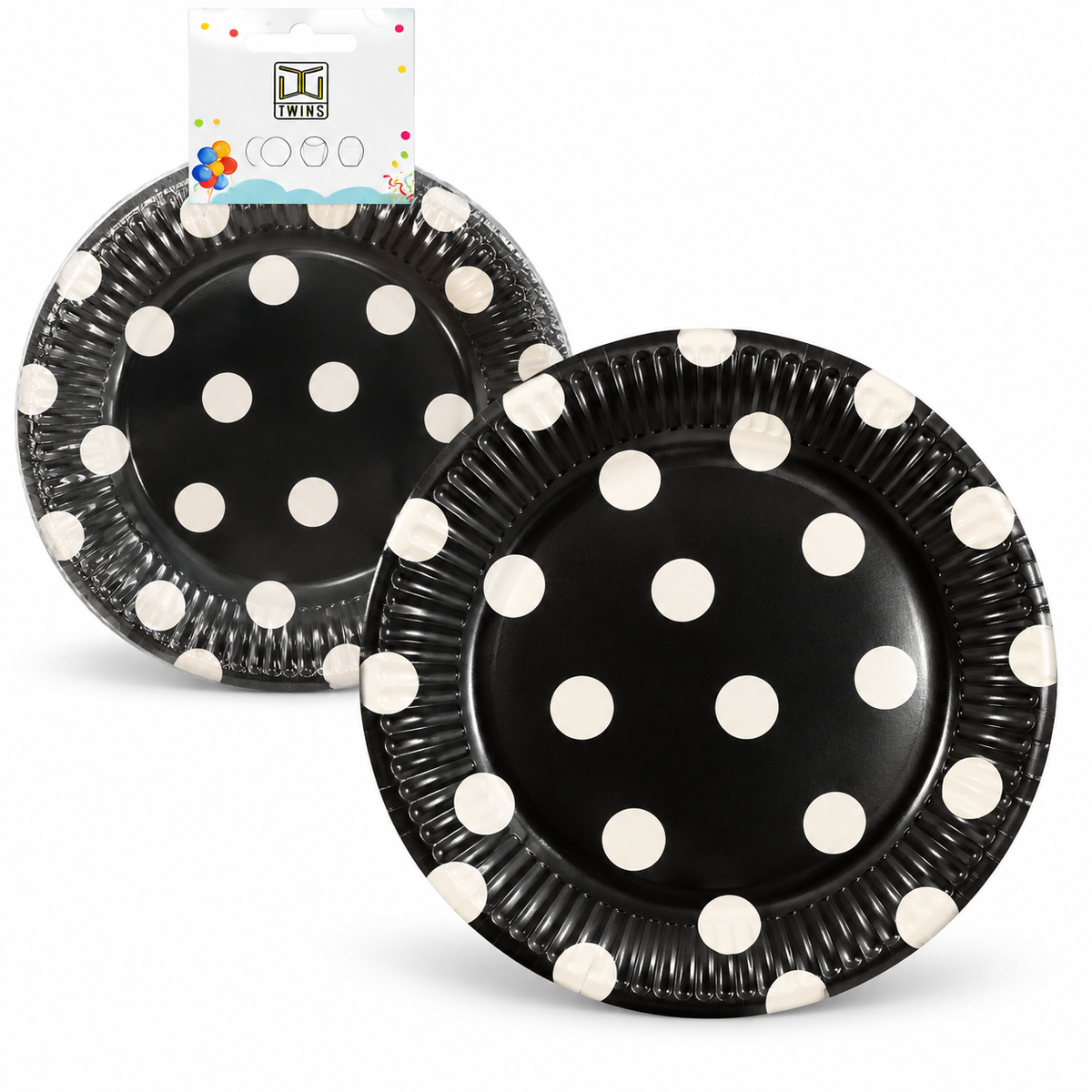 TWINS Black Polka Dot Party Plates – Large || أطباق حفلات سوداء بنقاط – كبير