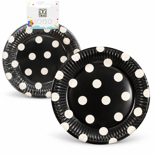 TWINS Black Polka Dot Party Plates – Large || أطباق حفلات سوداء بنقاط – كبير