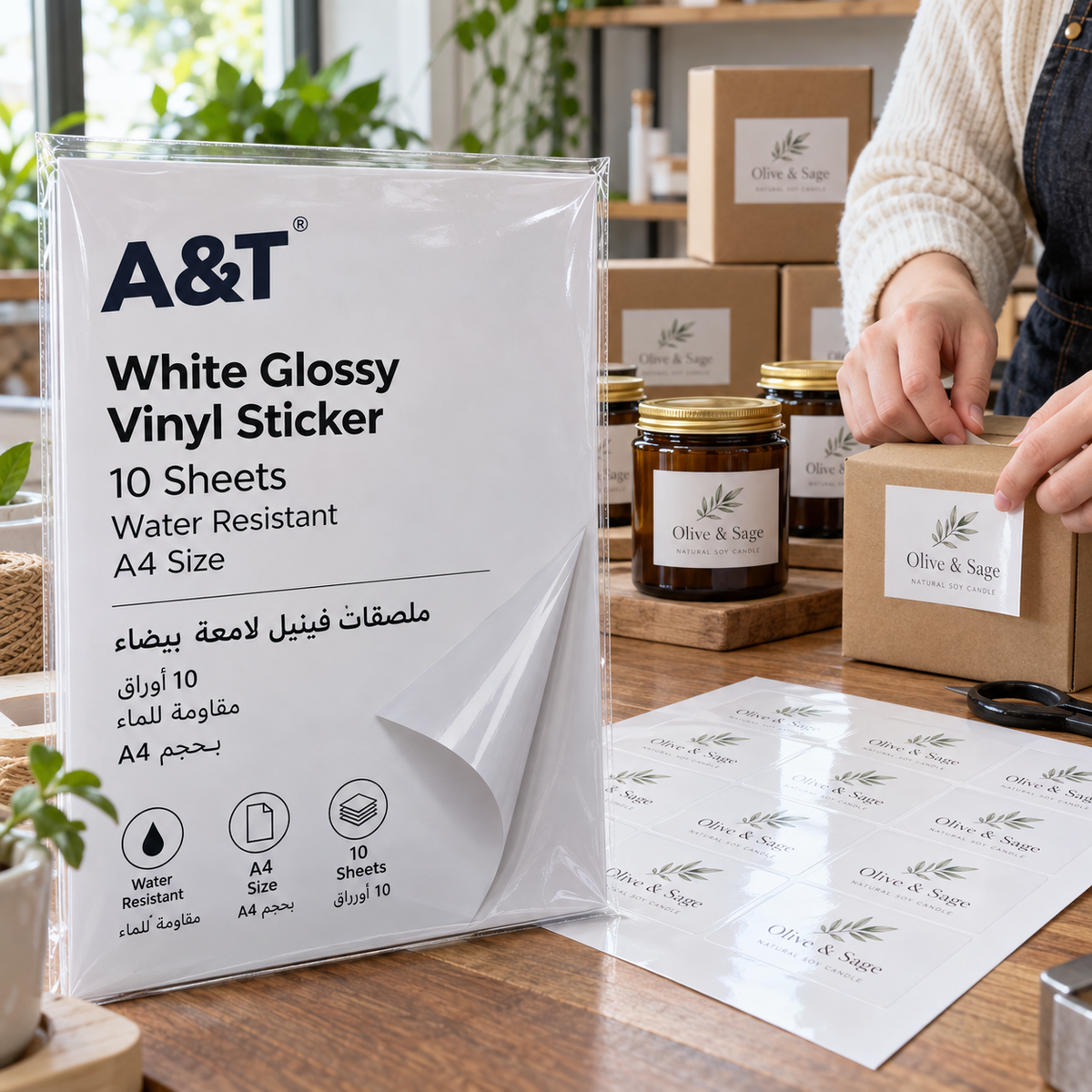 A&T White Glossy Vinyl Sticker 10 Sheets Water Resistant A4 Size || ورق لاصق ابيض ستيكر مقاوم للماء حجم اي فور 10 ورقه