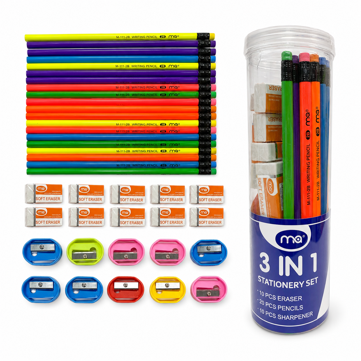A&T Stationery Package 3 in 1 Pencils + Sharpeners + Erasers 40 Pcs #4  || مجموعة قرطاسية أطلس 3 في 1  اقلام رصاص و برايات و محايات 40 قطعة #4