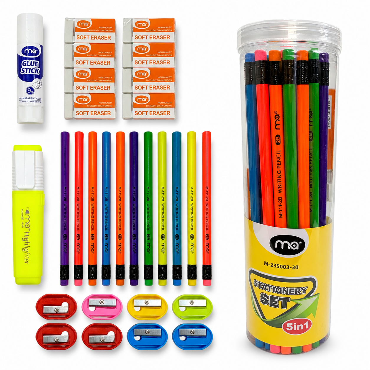 A&T Stationery Package 3 in 1 Pencils + Sharpeners + Erasers 30 Pcs #4  || مجموعة قرطاسية أطلس 3 في 1  اقلام رصاص و برايات و محايات 30 قطعة #4