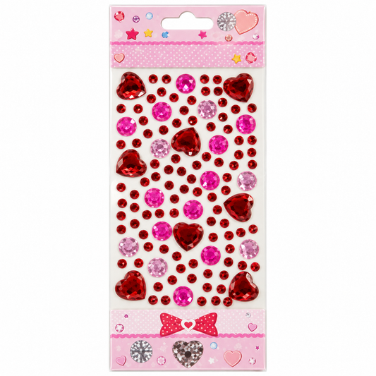 Decorative Crystal Sticker Sheet - Hearts and Rounds - Red || ورقة ستيكر كريستال مزخرف - قلوب ودوائر - أحمر