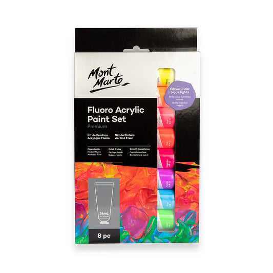 Mont Marte Fluoro Acrylic Paint Set Premium 8pc x 36ml || الوان اكريليك فسفورية مونت مارت 8 لون حجم 36 مل