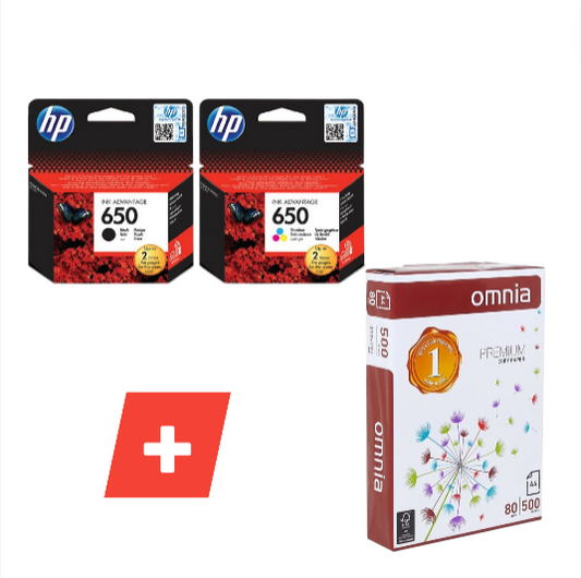 Hp Printer Ink Set 650 + A4 Paper || طقم حبر طابعه ٦٥٠ اسود و ملون مع ورق تصوير اي فور