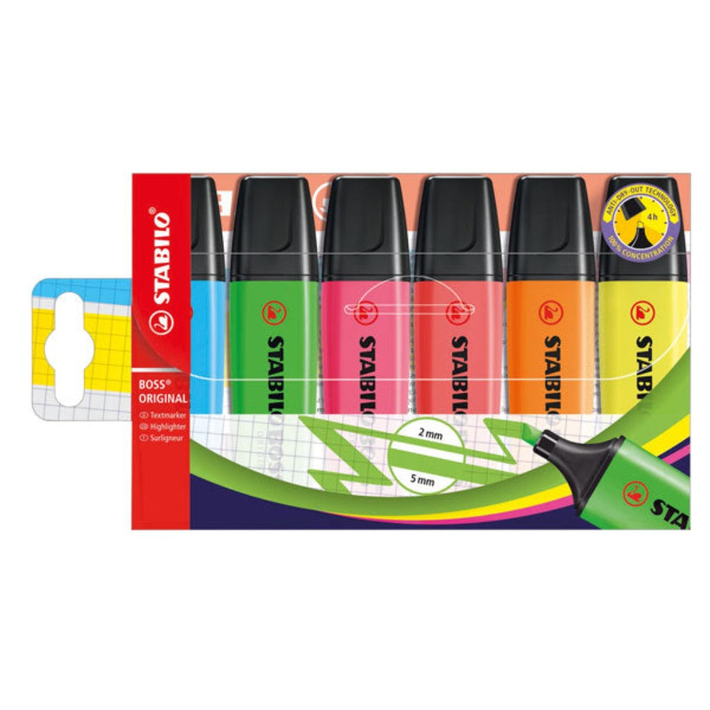 Stabilo Boss Original Assorted Highlighters Wallet 6 Colors || اقلام فسفورية ستابيلو مقاومة للجفاف ٦ الوان