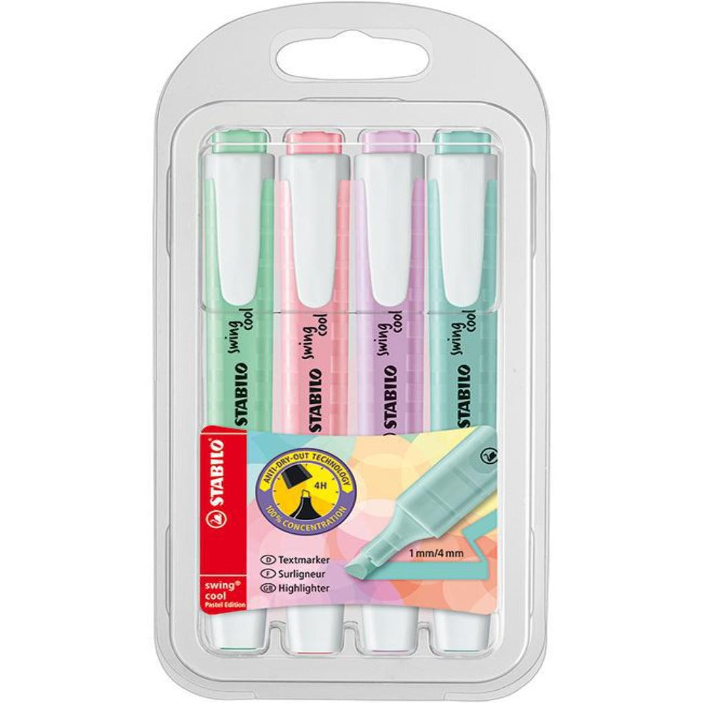 Stabilo Swing Cool Pastel Highlighters 4 Colors || اقلام فسفورية ملونة ستابيلو ٤ الوان باستيل مقاومة للجفاف⁩