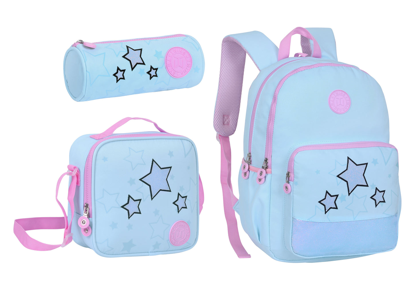 17INCH BACKPACK+LUNCH BAG+PENCIL CASE LIGHT BLUE TWINS || شنطة ظهر طبي 17 انش الوان فواتح 3 قطع TWINS