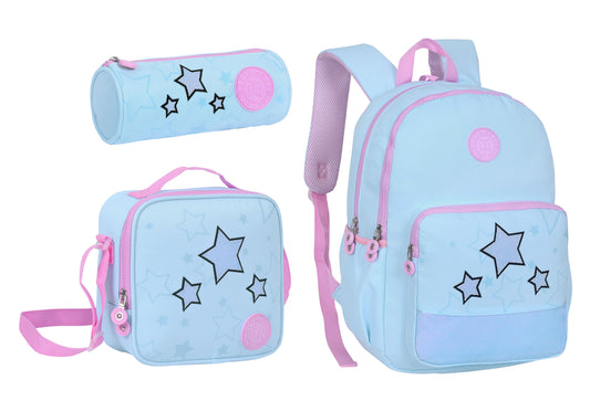 17INCH BACKPACK+LUNCH BAG+PENCIL CASE LIGHT BLUE TWINS || شنطة ظهر طبي 17 انش الوان فواتح 3 قطع TWINS
