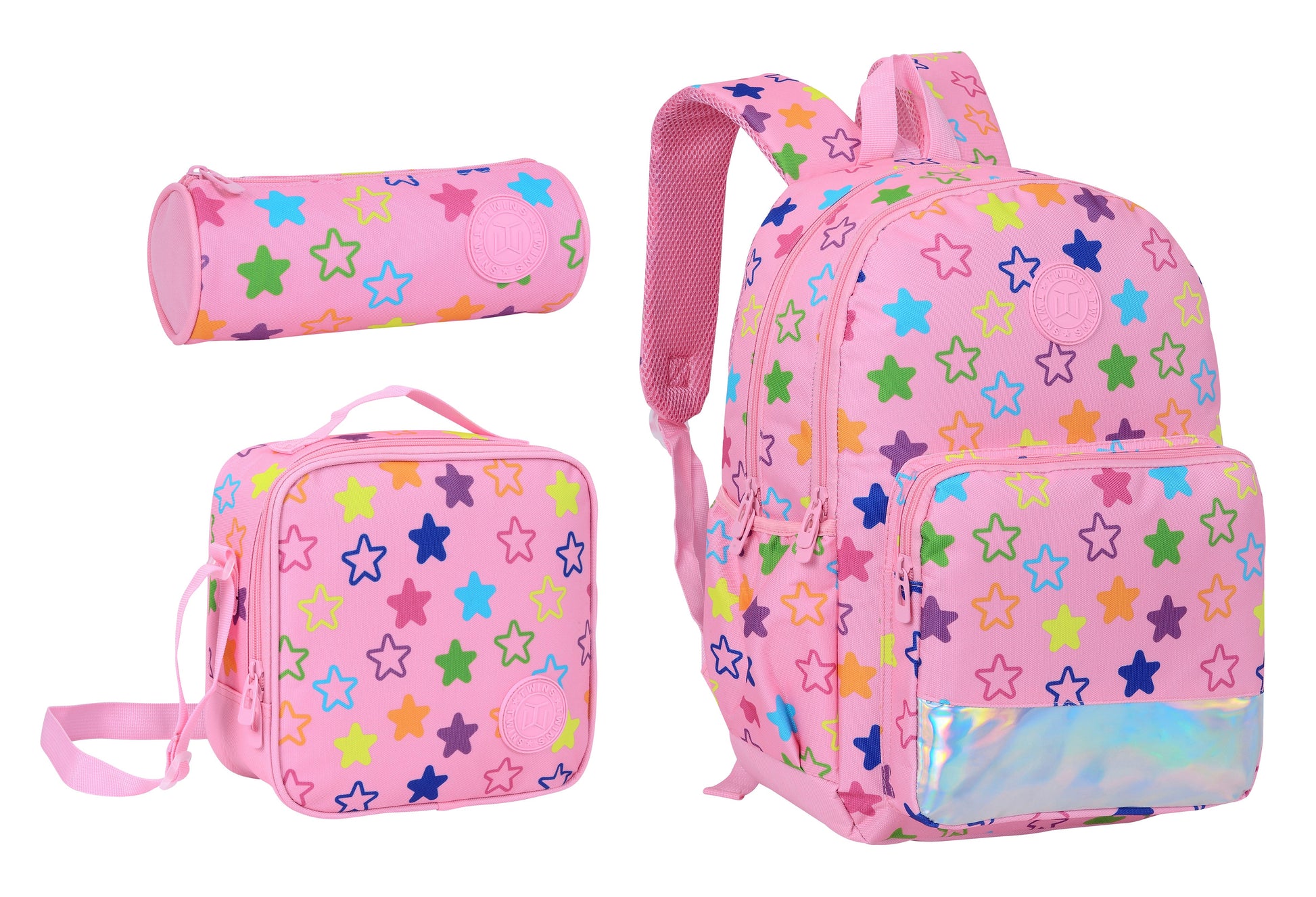 17INCH BACKPACK+LUNCH BAG+PENCIL CASE STARS PINK TWINS || شنطة ظهر طبي 17 انش نجوم 3 قطع TWINS