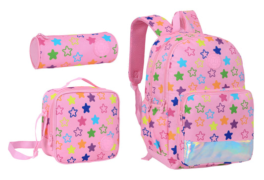 17INCH BACKPACK+LUNCH BAG+PENCIL CASE STARS PINK TWINS || شنطة ظهر طبي 17 انش نجوم 3 قطع TWINS