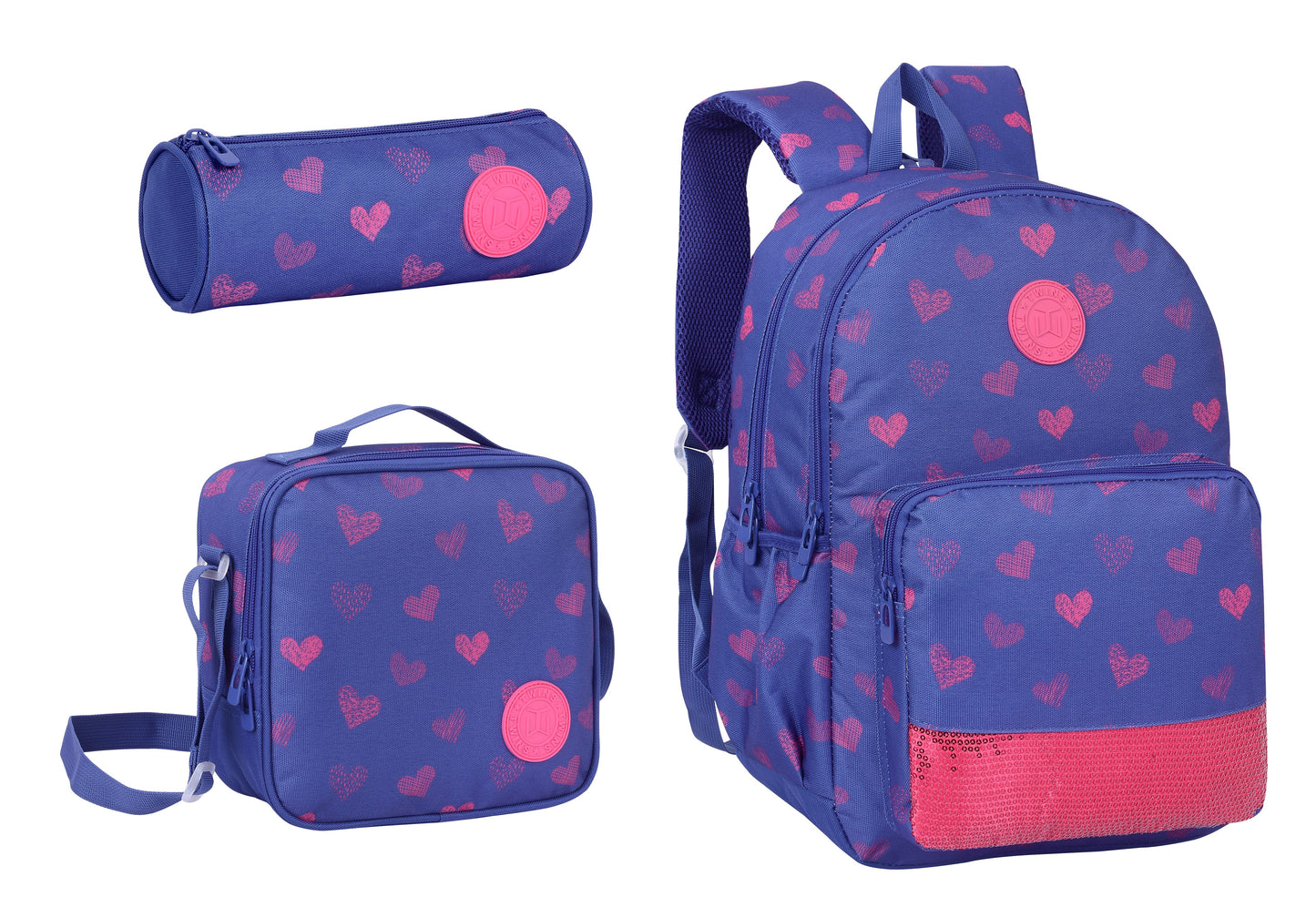 17INCH BACKPACK+LUNCH BAG+PENCIL CASE HEARTS BLUE TWINS || شنطة ظهر طبي 17 انش قلوب 3 قطع TWINS