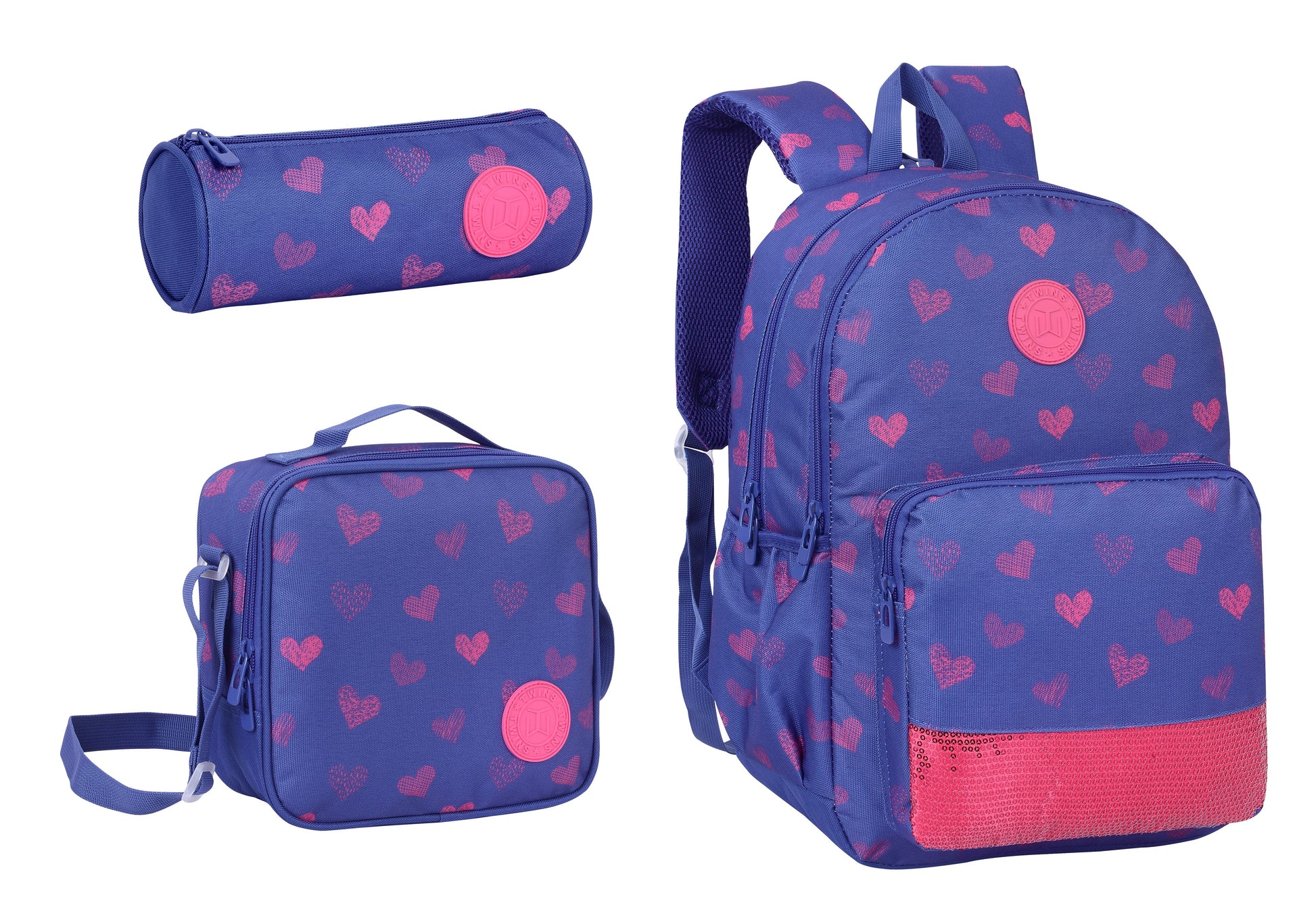 17INCH BACKPACK+LUNCH BAG+PENCIL CASE HEARTS BLUE TWINS || شنطة ظهر طبي 17 انش قلوب 3 قطع TWINS