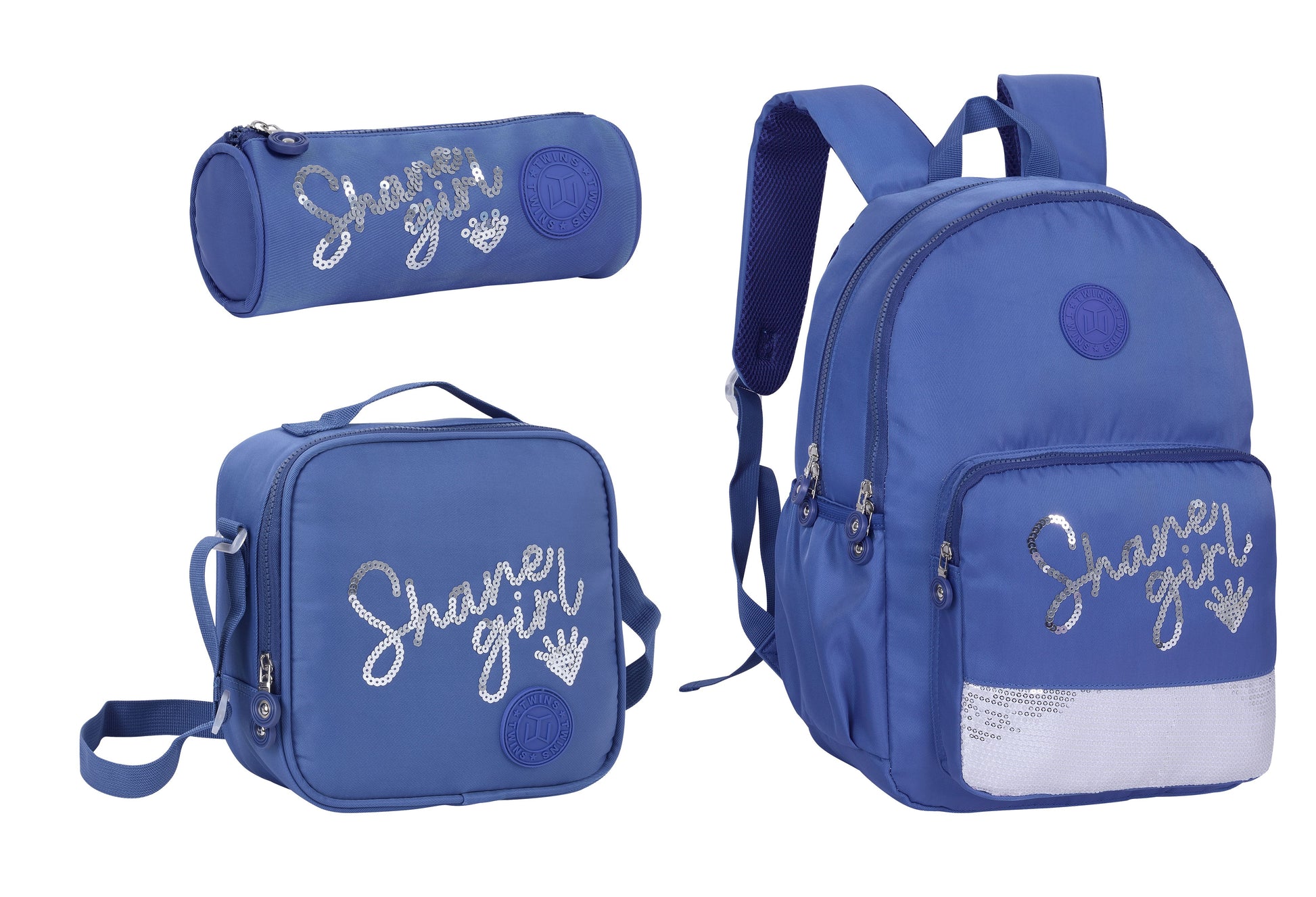 17INCH BACKPACK+LUNCH BAG+PENCIL CASE WRITTING DARK BLUE TWINS || شنطة ظهر طبي 17 انش عبارات 3 قطع TWINS