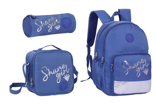 17INCH BACKPACK+LUNCH BAG+PENCIL CASE WRITTING DARK BLUE TWINS || شنطة ظهر طبي 17 انش عبارات 3 قطع TWINS