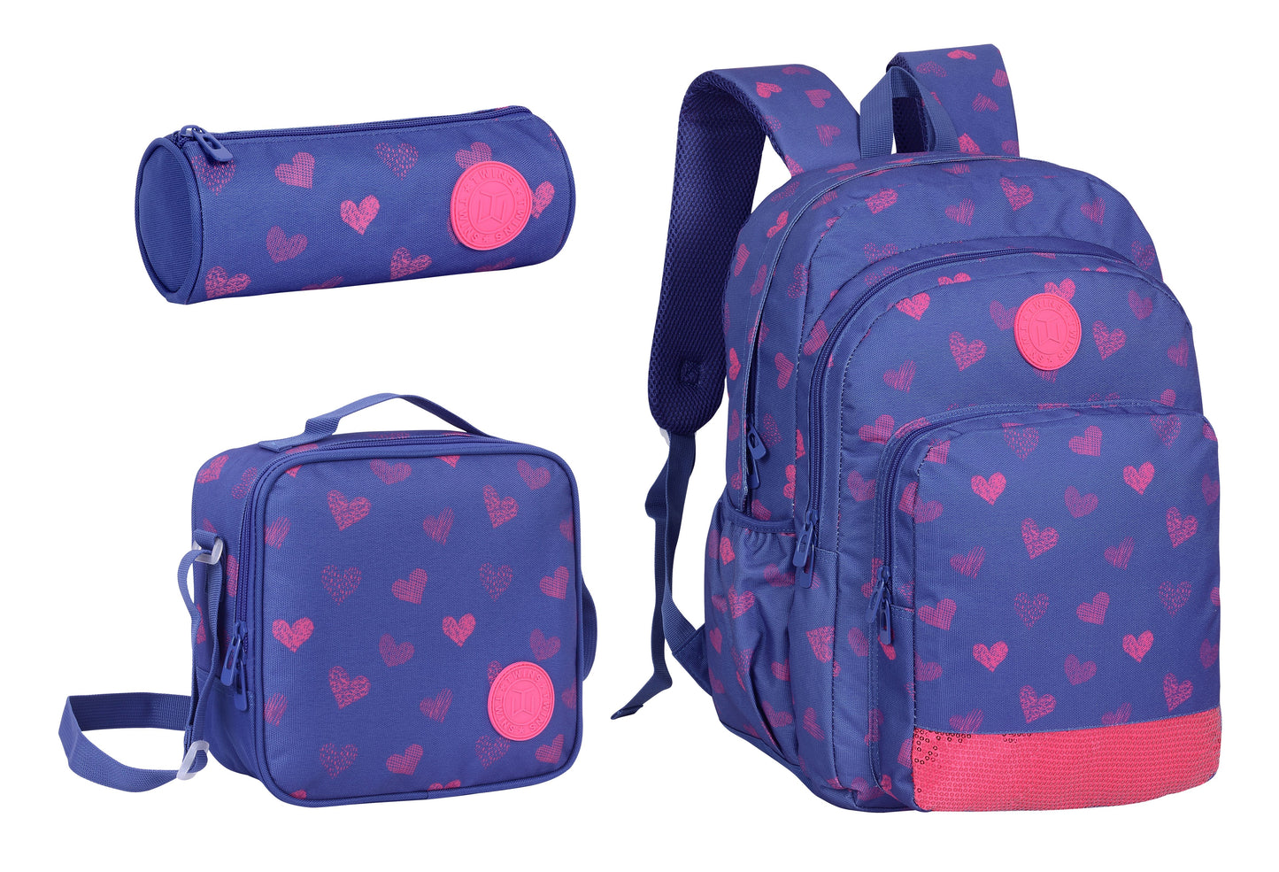 18INCH BACKPACK+LUNCH BAG+PENCIL CASE HEARTS BLUE TWINS || شنطة ظهر طبي 18 انش قلوب 3 قطع TWINS