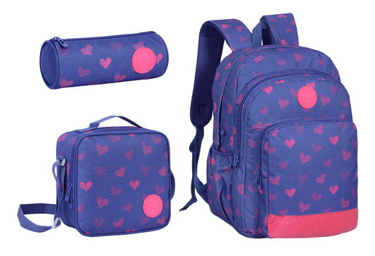 18INCH BACKPACK+LUNCH BAG+PENCIL CASE HEARTS BLUE TWINS || شنطة ظهر طبي 18 انش قلوب 3 قطع TWINS