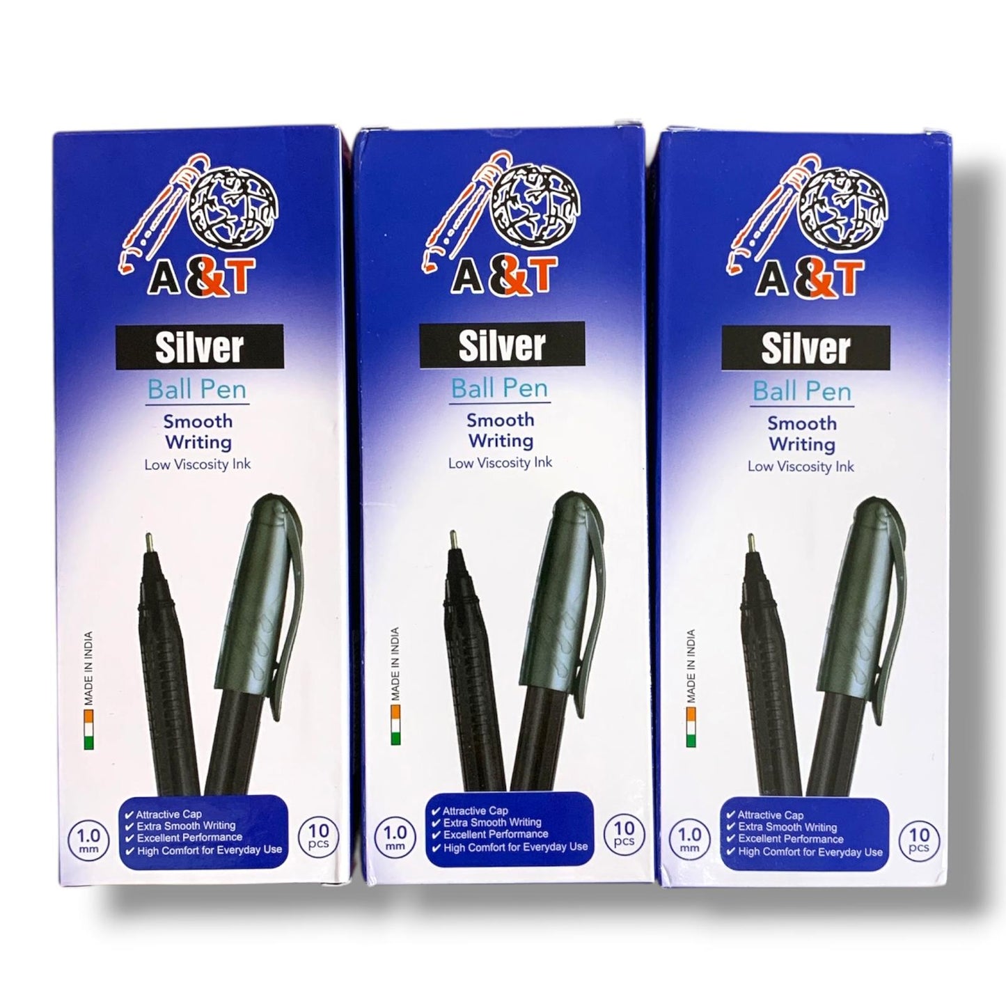 A&T Blue Pens Package 2+1 Silver || مجموعة اقلام حبر ازرق اي اند تي سلفر 2+1