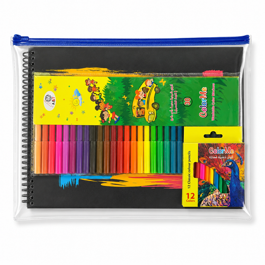 A&T Stationery Set 43 Pcs B4 Black Pad + 30 markers + 12 short colored pencils || مجموعة قرطاسية اي اند تي 43 حبة دفتر ورق اسود + 30 لون شيني + 12 لون خشبي قصير