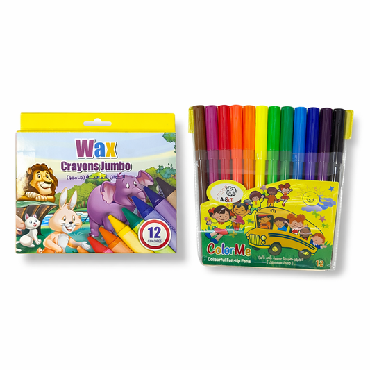 Atlas Offer 12 Jumbo Crayons and 12 Washable Markers || مجموعة اطلس الوان شينية ١٢ لون و الوان شمعية جامبو ١٢ لون
