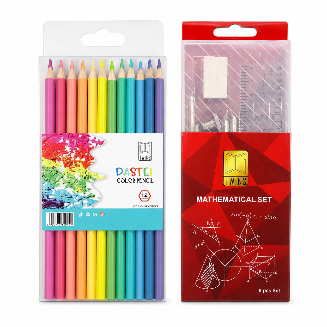 A&T Offer Math Set + Colored Pencil Pack  || مجموعة قرطاسية اطلس باكيت الوان خشبية باستيل و علبة هندسة